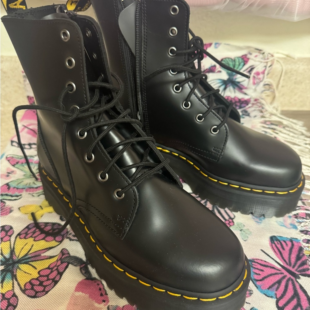 Dr. Martens Black Combat Boots with Yellow Stitching